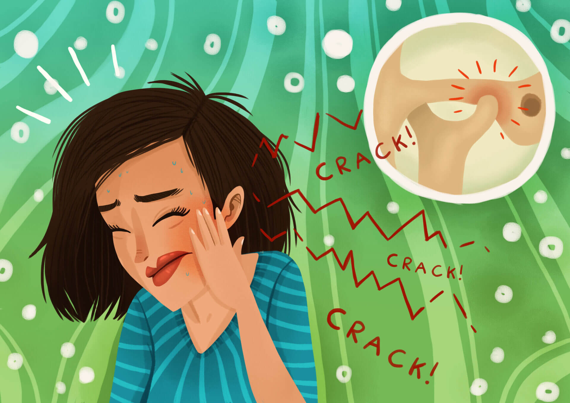 Illustration of brunette woman cringing in pain and touching her jaw with a closeup of an inflamed TMJ