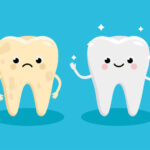 Illustration of a sad yellow tooth next to a happy white tooth