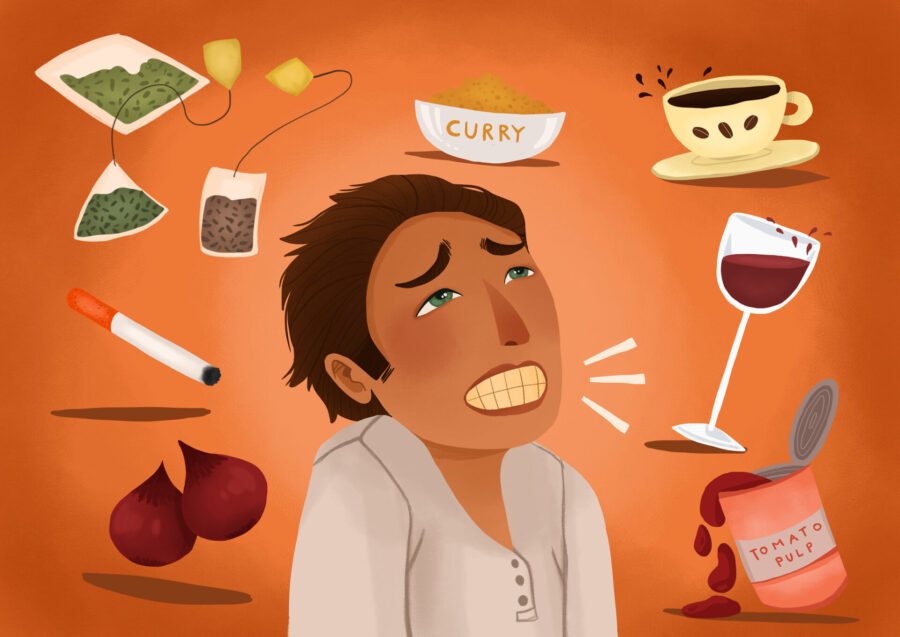 Graphic illustration of man with various items that can stain teeth with an article about if porcelain veneers stain.