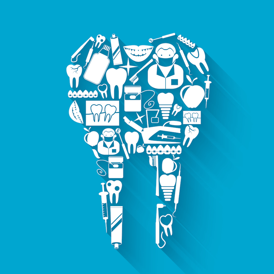 general dentist, Tooth made of silhouette dental health and caries protection stomatology icons concept vector illustration